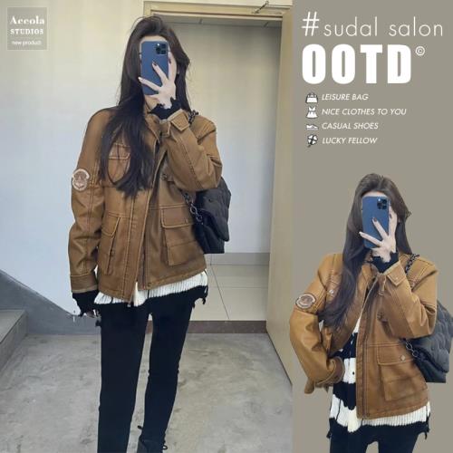 冬季設計高級感棕色立領工裝加絨加厚大口袋男友風機車皮衣外套女