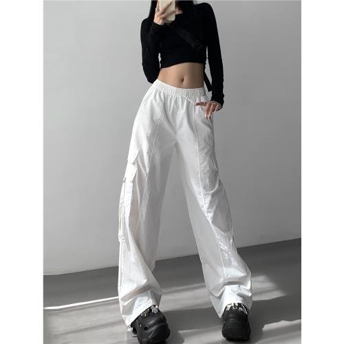 美式高街辣妹抽繩口袋工裝褲女秋冬復古高腰顯瘦寬松休閑闊腿長褲