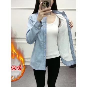 淺藍色疊穿軟牛仔襯衫女2023春秋純棉襯衣修身氣質加絨加厚外套冬