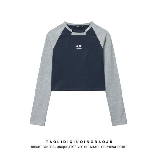 不規則撞色插肩袖正肩長袖T恤女純欲風辣妹修身露臍打底短款上衣