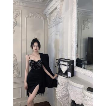 生日party小禮服高階輕奢小眾聚會平時可穿黑色亮片吊帶連衣裙女