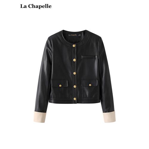 拉夏貝爾/La Chapelle秋季新款高級氣質圓領黑色皮衣女小香風外套