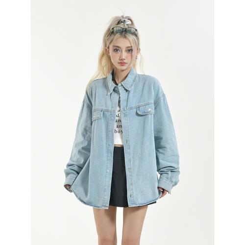 復古水洗做舊藍色牛仔襯衫女2025春季潮牌寬松休閑情侶襯衣薄外套