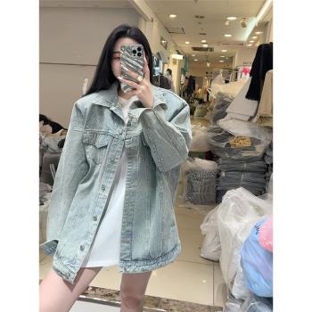 工廠速發重工燙鉆牛仔外套女中長款春秋季大學生帶鉆工裝夾克上衣