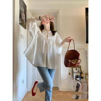 早春小個子長袖法式別致白色襯衫