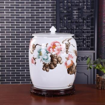 景德鎮陶瓷手繪米缸米桶帶蓋密封儲物罐30斤50斤家用油缸防潮防蟲