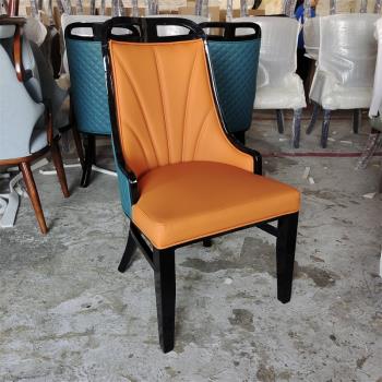 輕奢高檔現代實木椅子軟包靠背餐椅家用酒店包廂餐廳椅皮革PU椅子