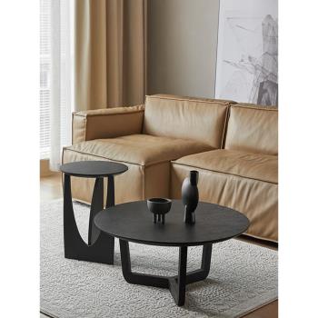 北歐黑色實木圓形茶幾高低組合沙發小邊幾簡約客廳家用沙發邊桌