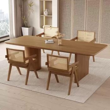 侘寂風全實木餐桌椅組合日式長方形工作臺茶幾辦公室泡茶桌洽談桌