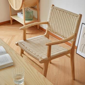 北歐日式實木繩編織餐椅子牛角陽臺休閑靠背椅家用現代簡約小戶型