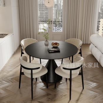 法式復古純黑巖板圓桌簡約小戶型圓形餐桌子餐廳家用圓餐桌椅飯桌