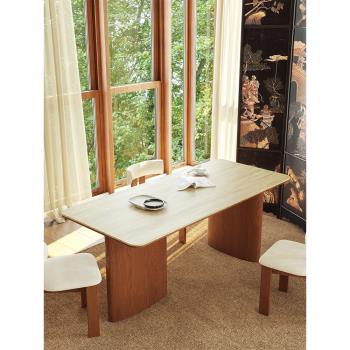 法式復古實木巖板餐桌現代簡約中古風家用餐桌椅組合2024新款飯桌
