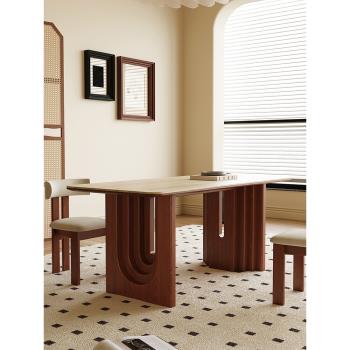 美式復古中古風實木餐桌椅組合小戶型現代簡約家用洞石巖板飯桌椅