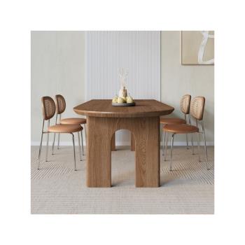 實木島臺餐桌一體異形長方形靠墻半圓弧橢圓形家用書桌餐桌椅組合