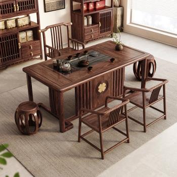 新中式實木茶桌椅組合一桌五椅黑胡桃木陽臺禪意茶桌家用客廳茶臺