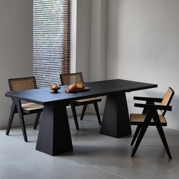 侘寂風實木餐桌白蠟木原木辦公桌現代簡約黑色工作臺客廳大長桌子