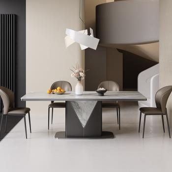 新款極簡輕奢進口巖板餐桌椅組合意式高端大平層黑色長方形吃飯桌