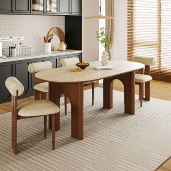 中古風洞石餐桌2024新款復古實木巖板飯桌橢圓形大小戶型桌椅組合