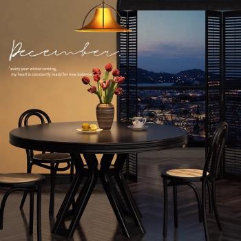 美式實木餐桌藤編椅組合現代簡約大圓桌復古法式餐桌黑色飯桌家用