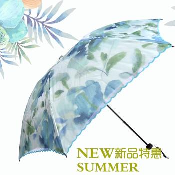 新太陽城三折小黑膠水墨雙層超強輕便復古防曬紫外線遮光刺繡洋傘