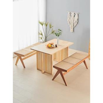 北歐藤編實木餐桌家用白蠟木方形飯桌原木風民宿小戶型餐桌椅組合