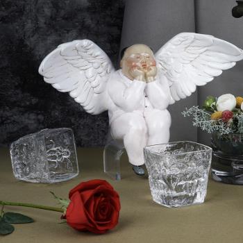 稀奇藝術現代方形水晶玻璃天使浮雕威士忌酒水杯兩只裝生日禮物