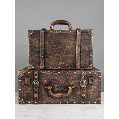 復古老式棕色手提箱儲物木箱子收納箱皮箱攝影道具整理箱行李箱