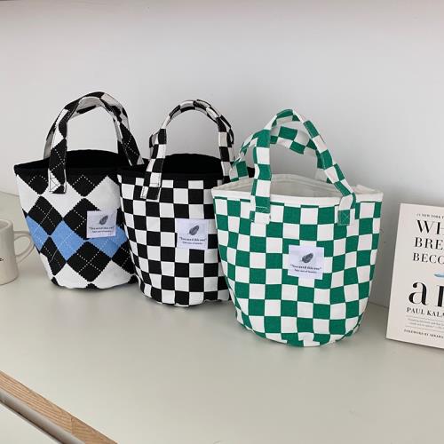 小白兔幾 韓國ins風撞色格子手提包休閑日系豹紋水桶包午餐便當袋