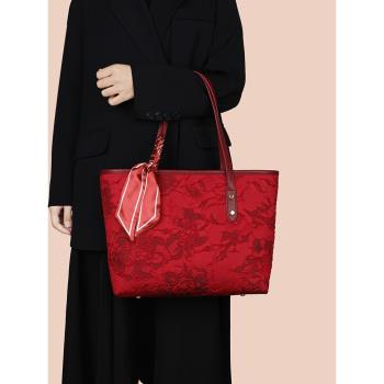 紅色包包女2023新款輕奢品牌大容量托特包新娘包高級感結婚手提包