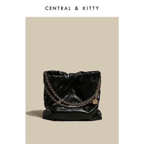 CENTRAL&KITTY小香風真皮黑色菱格鏈條包腋下托特包水桶包女夏季