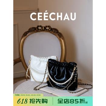 CEECHAU牛皮迷你珍珠小香風鏈條