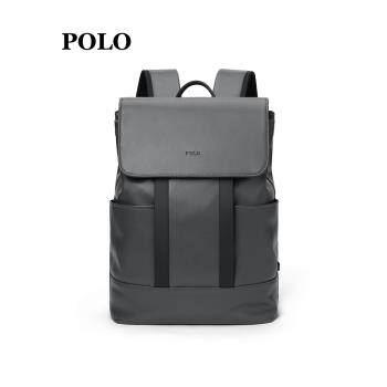 POLO新款男士背包雙肩包男大容量PU皮商務通勤時尚翻蓋15寸電腦包