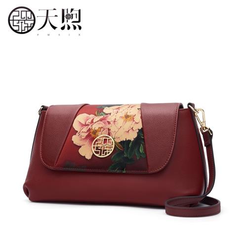 Pmsix復古真皮女包老年婆婆包印花斜挎包大氣中年媽媽包單肩包