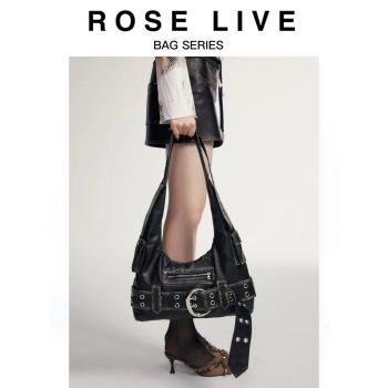 ROSE LIVE歐美時尚復古辣妹腋下包大容量通勤單肩斜跨黑色機車包