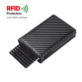 防盜刷RFID碳纖紋自動彈出卡包男士鋁合金卡盒磁吸信用卡夾套錢包