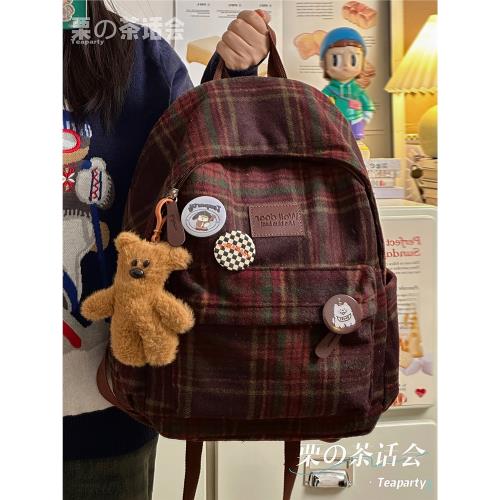 秋冬復古格子雙肩包女 日系ins高中生大學生書包小眾旅行休閑背包