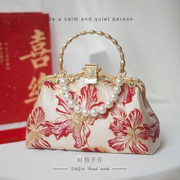 紅色百合結婚包婚禮長輩配旗袍宴會新娘金色手提包口金包配秀禾服