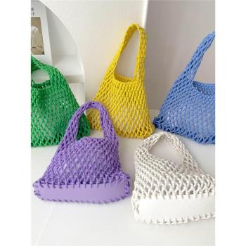 棉繩編織手提手拎鏤空包女韓版簡約時尚百搭漁網手腕沙灘度假包袋