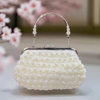 水鉆花朵鏈條新款珍珠精緻手拿包