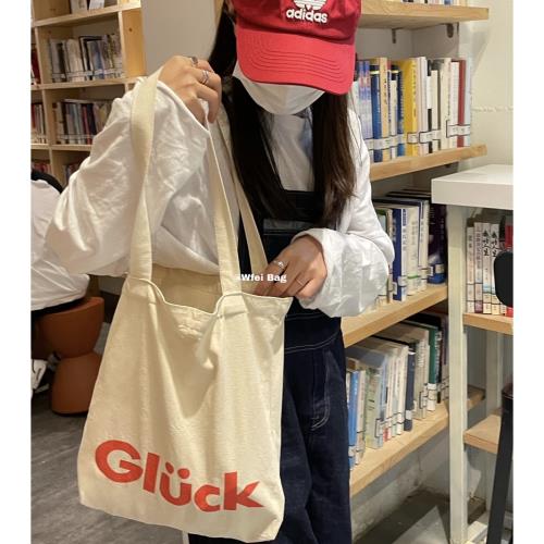 Wfei 復古ins北歐風字母帆布單肩包托特包Glück好運女孩文藝書包