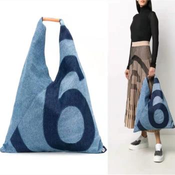 Mm6 女士Japanese 大容量時尚藍色牛仔logo印花手提包購物托特包