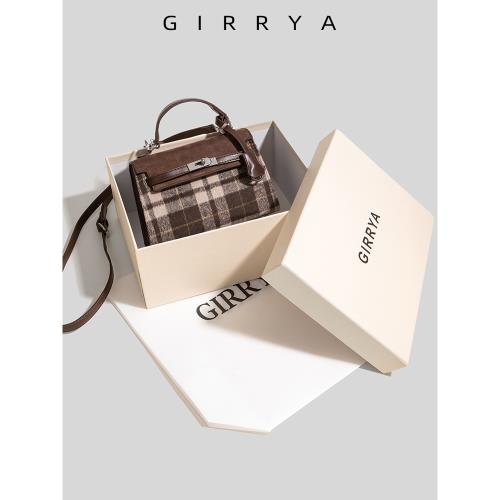 GIRRYA秋冬毛呢格子凱莉包包女2024新款秋冬小眾設計單肩斜挎小包
