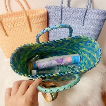 新款草編包包女夏手工編織菜籃子包法式仿藤復古手提包森系小眾包