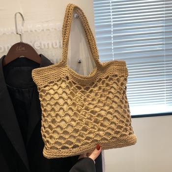 網紅草編包女2024新款手提編織包鏤空度假沙灘包大容量單肩托特包