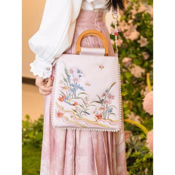 新品刺繡粉色手提包中文藝