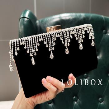 LOLIBOX新品流蘇水鉆優雅絲絨手拿包斜跨女小包晚宴派對禮服包包