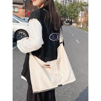 韓國ins潮純色簡約包包大容量帆布斜挎包大學生上課單肩包托特包