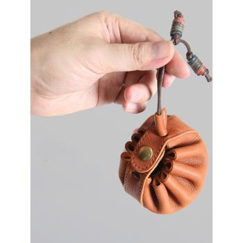 手工真皮零錢包頭層牛皮抽繩錢包真皮短款便攜純色多功能硬幣包