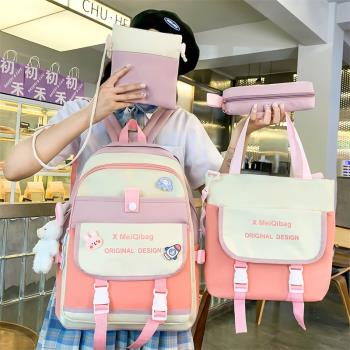 新款小學生四件套書包女韓版帆布大容量初中生雙肩背包高中生書包