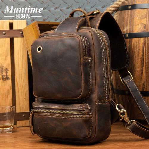 慢時光瘋馬皮斜挎包手工皮包男頭層牛皮復古挎包男真皮大容量胸包